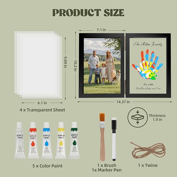 Family Handprint Kit, DIY Baby Hand and Footprint Handmade Keepsake Wooden Frame, Family Gifts with 5 Non-Toxic Baby-Safe Paint, Ideas Gift for New Parents, Grandparents, Father's Day, Mother's Day