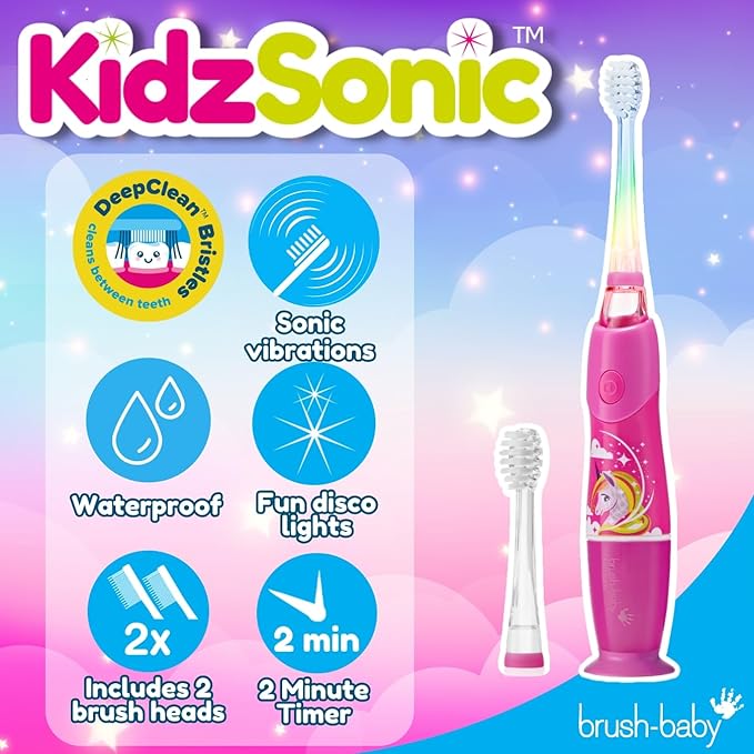 Brush-Baby - KidzSonic Unicorn Kids Electric Toothbrush, Ages 3+ Years - DeepClean Bristles, Suction Base - Fun Design with Flashing Lights - 2 x Replacement Heads & 1 x AAA Battery