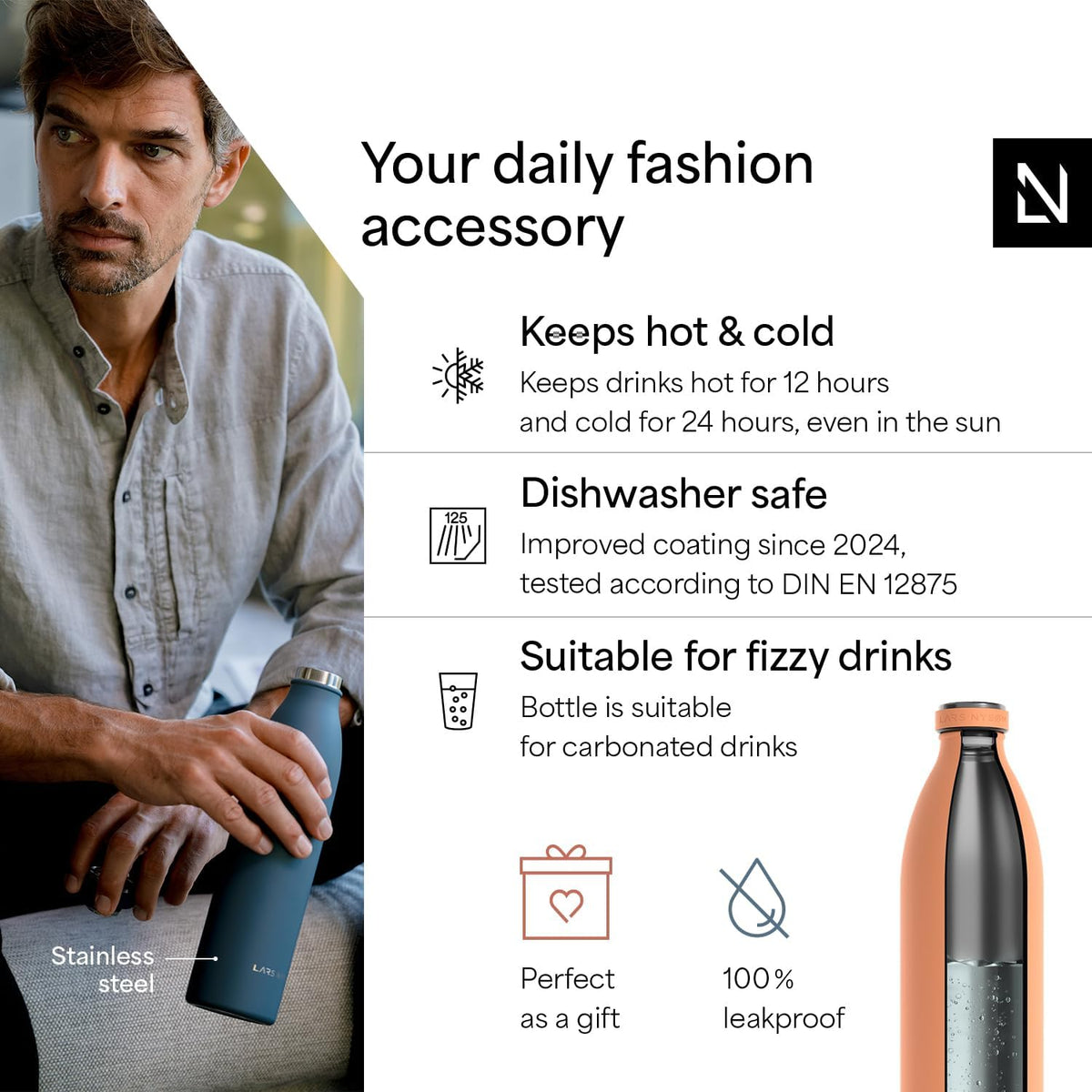 LARS NYSØM Stainless Steel Insulated XL Water Bottle 12oz 17oz 25oz 34oz 51oz | Insulated Thermo Flask for Hot and Cold Beverages | Leakproof Drinking Bottle (Pumpkin Orange, 50.7 oz)