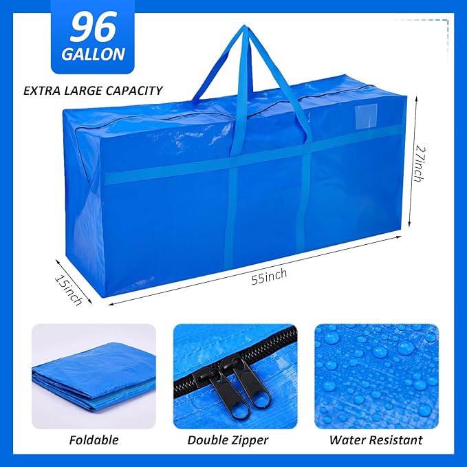 4 Pcs 96 Gallon Large Moving Bags with Zipper and Handles Foldable Storage Duffle Bags Heavy Duty Extra Large Totes for College Dorm Travel Clothes Blankets Bedding Moving (Blue)