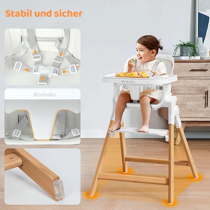 Ezebaby Folding Wooden High Chairs, 3-in-1 Convertible Baby High Chair, Dining Booster Seat, Toddler Chair, Easy Clean High Chairs for Babies and Toddlers with Large Adjustable Tray- Solid White
