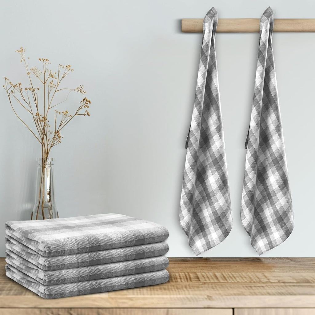 Kitchen Towels Set of 6 Grey/White Checks 20x30 Inches 100% Cotton Highly Absorbent Kitchen Towels