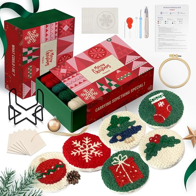 yuegool 6PCS Christmas Punch Needle Coasters Kit,Easy DIY Punch Needle Embroidery Kit for Beginners Adults Kids Including Patterns, Tools, Yarns, Hoop, Instruction, Coaster Holder Art Craft Supplies
