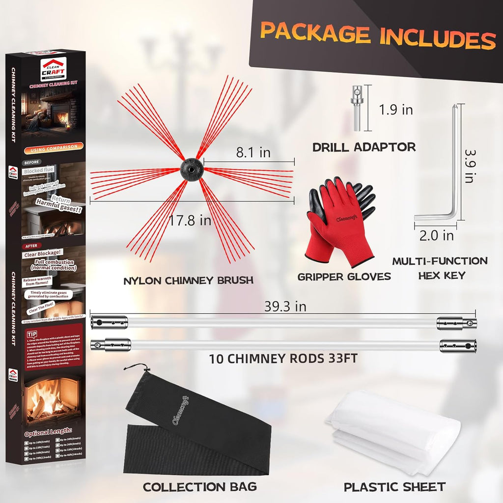 Chimney Sweep Kit - 33 Feet, 10 Flexible Rods, Brush & Drill-Driven Rotary System