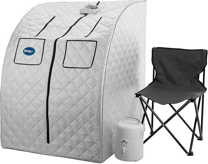 Durasage Oversized Portable Personal Steam Sauna Spa with 800W Steam Generator, 60-Minute Timer, Dual Pockets, Zippered Hand Openings & Chair for at-Home Relaxation (Silver, 33"x31.5"x41")