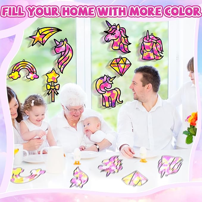 QOUBAI 32 Sets Unicorn Rainbow Suncatchers Craft Kit DIY Window Stained Glass Effect Diamond Star bow Paper Crafts Home School Classroom Decoration Kid Birthday Gift Creative Art Project Activity Game