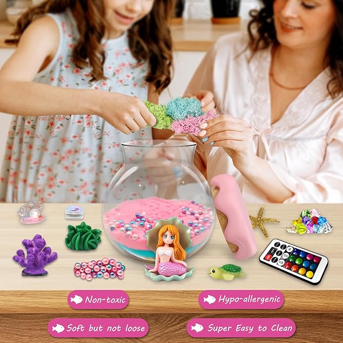 Mermaid Gift for Girls Mermaid Terrarium Kit for Kids Birthday Gift for Girls Ages 4 5 6 7 8-12 Year Old Light-Up Kit Crafts DIY Arts Toys Mermaid Toys for Girls Birthday Ideas Present for Kids