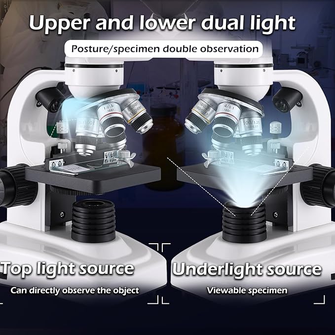 Compound Microscope，40X-2500X Research Class Professional Microscope，WF10x and WF25x eyepieces, Dual LED Lighting and Two-Layer Mechanical Stage，Microscope for Adults…