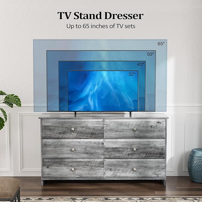 VINGLI Gray Dresser 6 Drawer, 54" Long Dresser for Bedroom, Wood Chest of Drawers with Textured Drawer Fronts, Rustic Grey Dressers Chest, 14.5" D x 53.9" W x 29.1" H