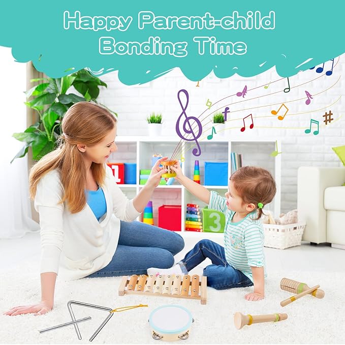 Baby Musical Instruments Set Montessori Wooden Toy for Toddlers 3 Percussion Music Xylophone for Kids Preschool Learning Resource Christmas Birthday Gifts for Boys Girls Aged 3 4 5 (Warm)