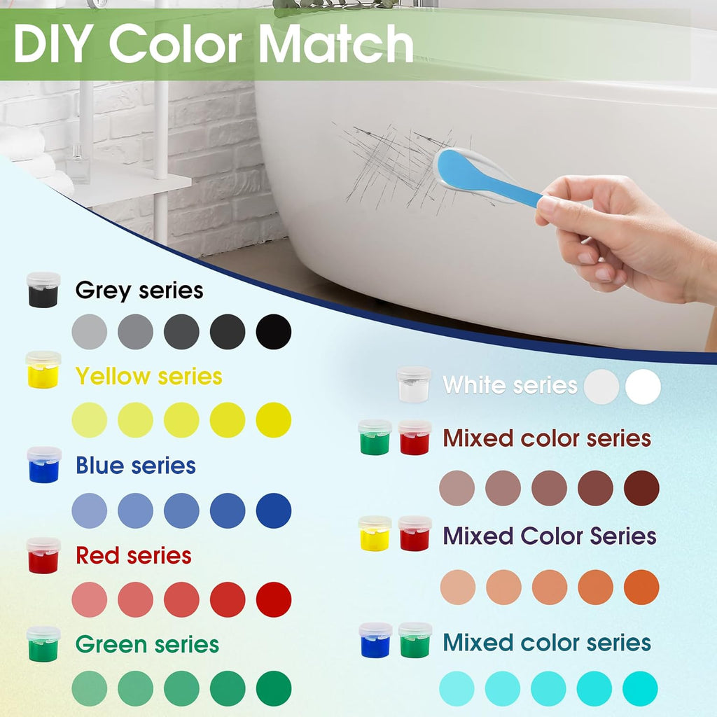 Fiberglass Tub Repair Kit (Color Match), Porcelain Sink and Bathtub Repair Kit for Chips, Cracks, Holes, Rust, Scratches on Toilet, Shower Tile, Enamel, Acrylic, Ceramic, Quartz, Marble