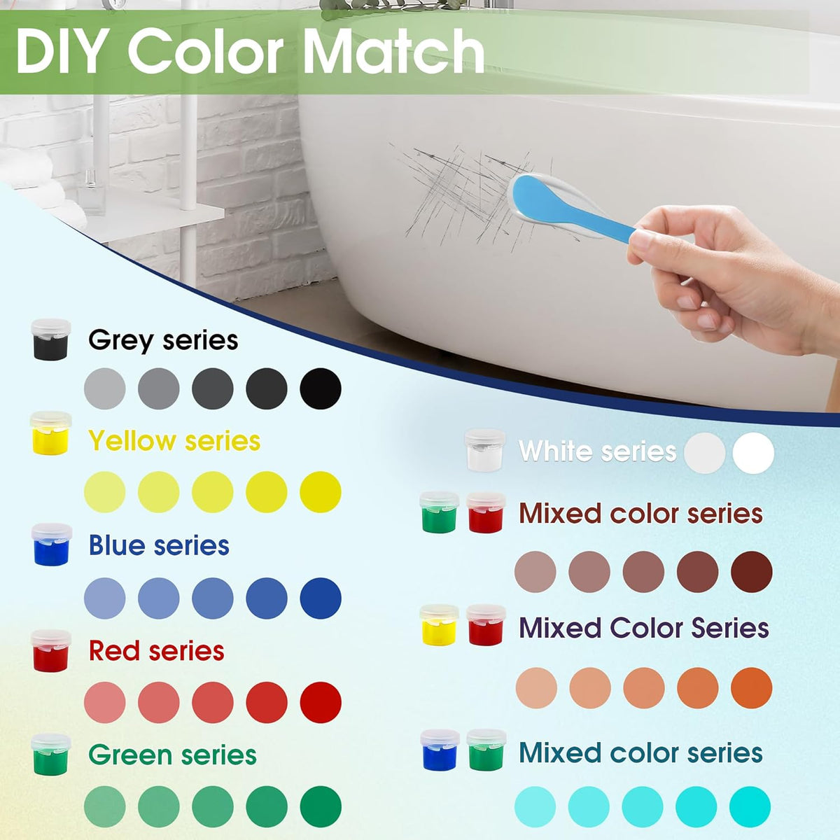 Fiberglass Tub Repair Kit (Color Match), Porcelain Sink and Bathtub Repair Kit for Chips, Cracks, Holes, Rust, Scratches on Toilet, Shower Tile, Enamel, Acrylic, Ceramic, Quartz, Marble