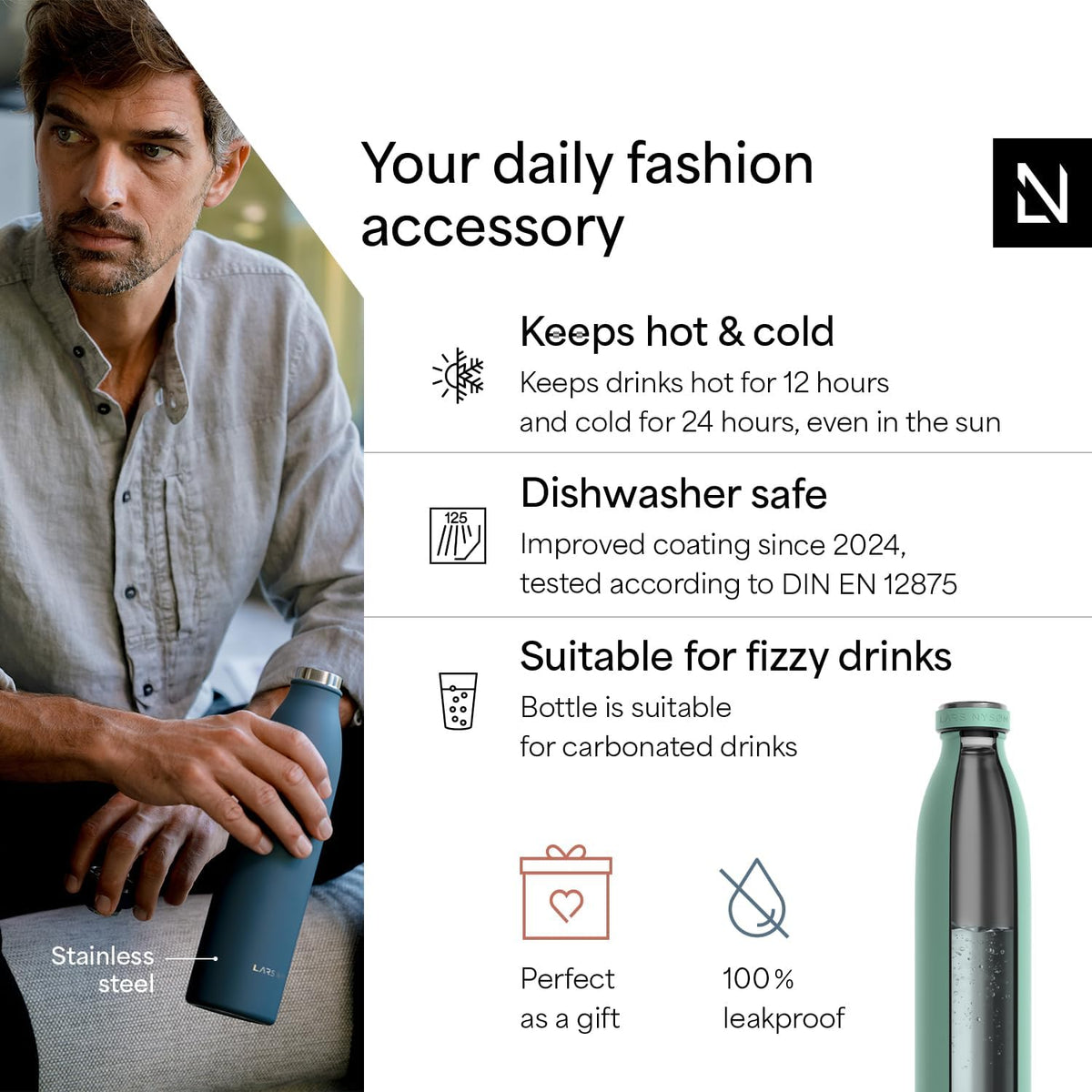 LARS NYSØM Stainless Steel Insulated Water Bottle 12oz 17oz 25oz 34oz 51oz | Insulated Thermo Flask for Hot and Cold Beverages | Leakproof Drinking Bottle (Aqua Turquoise, 25.4 oz)