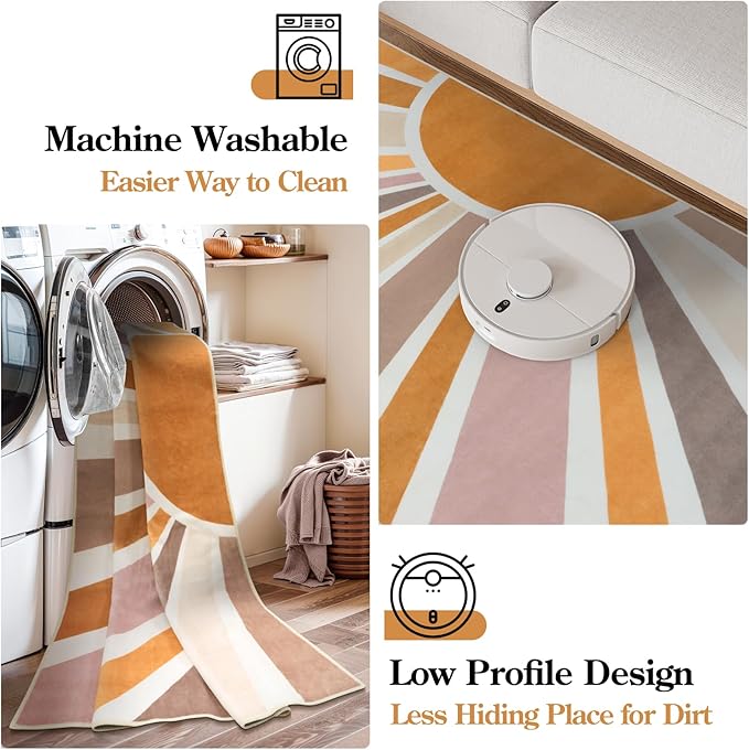 STARUIA Boho Sun Round Washable 6Ft Area Rug for Living Room, Soft Non-Slip Boho Rainbow Kids Nursery Orange Throw Rug Carpet for Bedroom, Circle Colorful Kitchen Rug for Classroom Office Dining Room