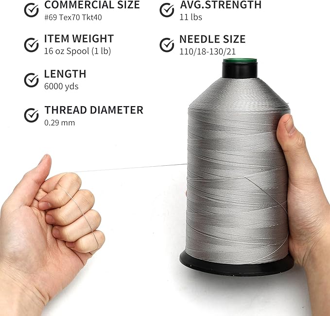 Extra Strong Bonded Nylon Thread #69 Tex70 – 16 OZ, 6000yds, Versatile Stitching Solution for Leather, Upholstery, Canvas Repair and More (Light Gray)