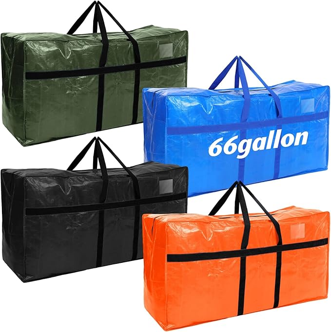 4 Pcs 66 Gallon Large Moving Bags with Zipper and Handles Foldable Storage Duffle Bags Heavy Duty Extra Large Totes for College Dorm Travel Clothes Blankets Bedding (4 Colors)