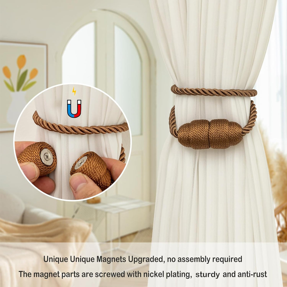 Magnetic Curtain Tiebacks Rope Curtain Tie Backs for Curtains 4 Pack Curtain Holders for Drapes Decorative Window Curtain Holdbacks, Khaki