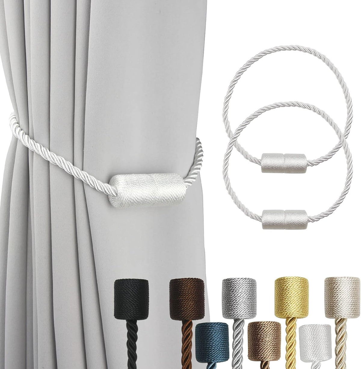 2 Pack White Strong Magnetic Curtain Tiebacks Outdoor Elegant Decorative Tie Backs Modern Rope Tiebacks for Drapes Window Curtain Holdbacks for Draperies