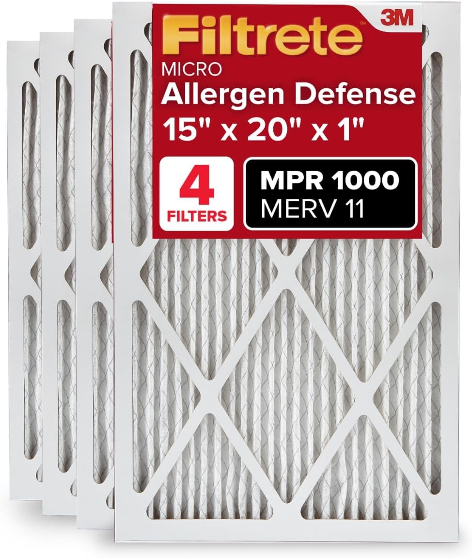 Filtrete 15x20x1 AC Furnace Air Filter, MERV 11, MPR 1000, Micro Allergen Defense, 3-Month Pleated 1-Inch Electrostatic Air Cleaning Filter, 4 Pack (Actual Size 14.81x19.81x0.81 in)
