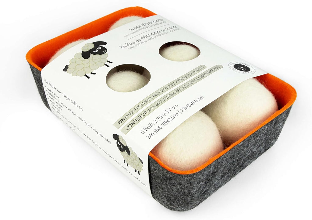 Three by Three Seattle Felt·Like·it!™ Wool Dryer Balls + Storage Bin: Reduce Drying Time, Static Cling, and Energy Use | Natural Alternative to Fabric Softeners (Pack of 6)