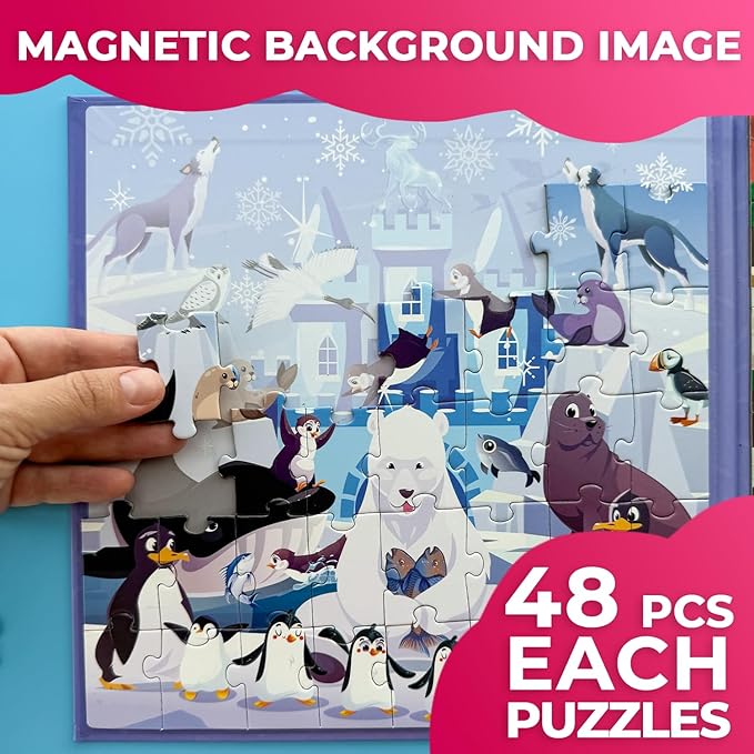QUOKKA Magnetic Toddler Puzzles Ages 4-6 - 2x48 Travel Puzzles Games for Kids 3-5 Years Old - Activities Car Toy for Boys and Girls 2-4 yo - Polar & Jungle Animals Learning Magnet for Road Trip
