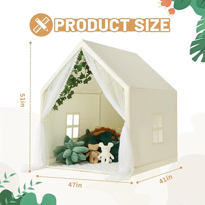 Wilwolfer Kid Tent with Mat, Star Lights - Kids Play Tents for Toddlers Kids Tents Indoor Playhouse - Princess Tent for Girls Toy House Gift (Beige with Mesh)