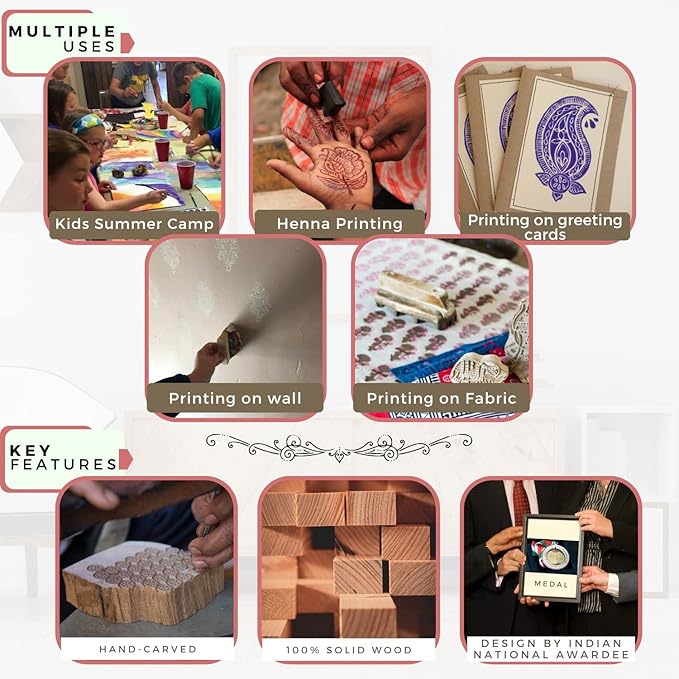 Wood Block Stamp - Handmade Wooden Printing Block, Set of 5 - Wooden Pottery Stamps for Blocks Printing - Wood Blocks for Crafting on Fabric, Clay & Henna Tattoo Hashcart®