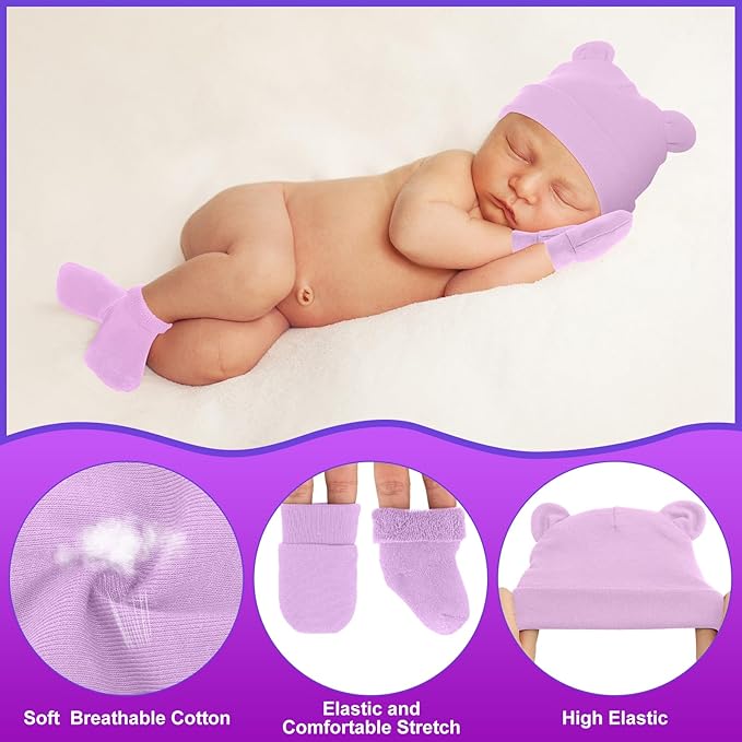 Cuffbow 4 Pcs Preemie Hats Mittens and Socks Set Preemie Mittens Warm Terry Socks for Baby