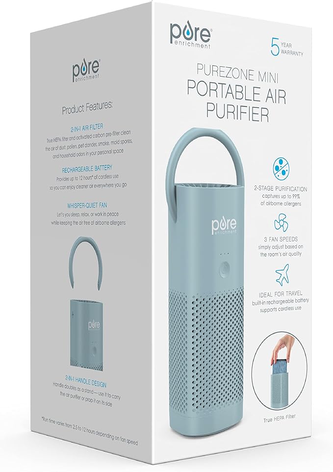 Pure Enrichment® PureZone™ Mini Portable Air Purifier - Cordless True HEPA Filter Cleans Air & Eliminates 99.97% of Dust, Odors, & Allergens Close to You - Cars, School, & Office (Starlight Blue)