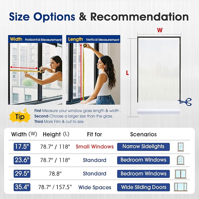 Privacy Window Film Static Cling, Frosted Glass Decorative Window Film with 96% UV Blocking, Non-Adhesive Removable Window Cling for Home Office Bathroom, 35.4 x 118.1 Inches, White