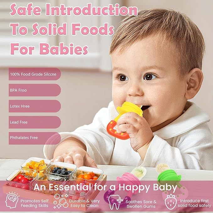 WAJIAYON Baby Fruit Feeder/Food Feeder Pacifier (3 Pack)- Infant Teething Feeders | Silicone Teether Feeder Babies | Baby Feeding Essentials | Food Pacifier for Babies - Pink