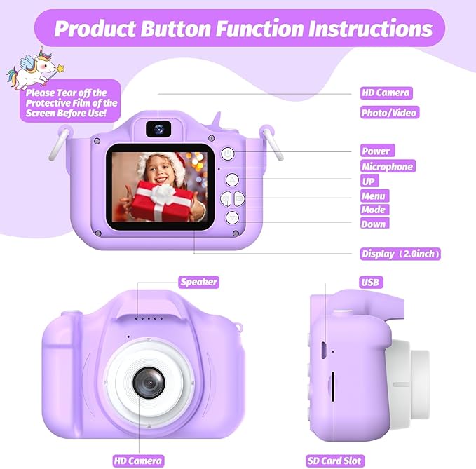 Upgrade Unicorn Kids Camera for Girls, Christmas Birthday Gift for Boys, 1080P HD Selfie Digital Video Camera for Toddlers, Cute Portable Little Girls Boys Gifts Toys for 3 4 5 6 Years Old