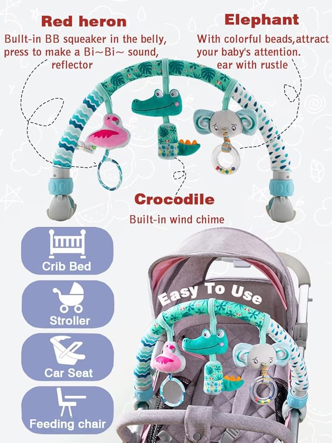 Pau1Hami1ton Baby Stroller Arch Toys, Car Seat Toys,Bouncer Toy Bar/Mobile for Bassinet,Adjustable Baby Hanging Toys Fit for Crib Bed,Stroller,Car Seat.S-19(Crocodile)