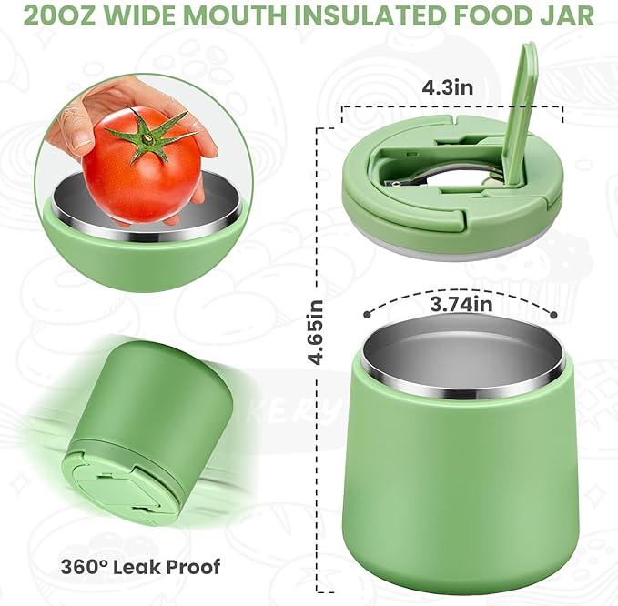 Soup Thermo for Hot Food 20oz Lunch Containers with Buckle Lid Wide Mouth Hot Food Jar Vacuum Insulated Stainless Steel Bento Box Leakproof with Spoon(Green)