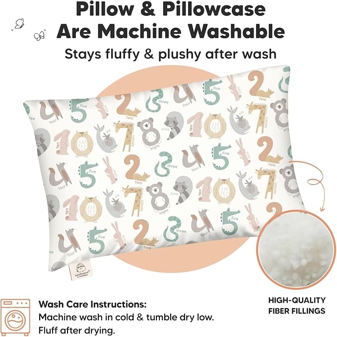 KeaBabies Toddler Pillow with Pillowcase, Jumbo 14X20 - Soft Organic Cotton Toddler Pillows for Sleeping - Machine Washable - Perfect for Travel, Toddler Bed Set (Wild Count)
