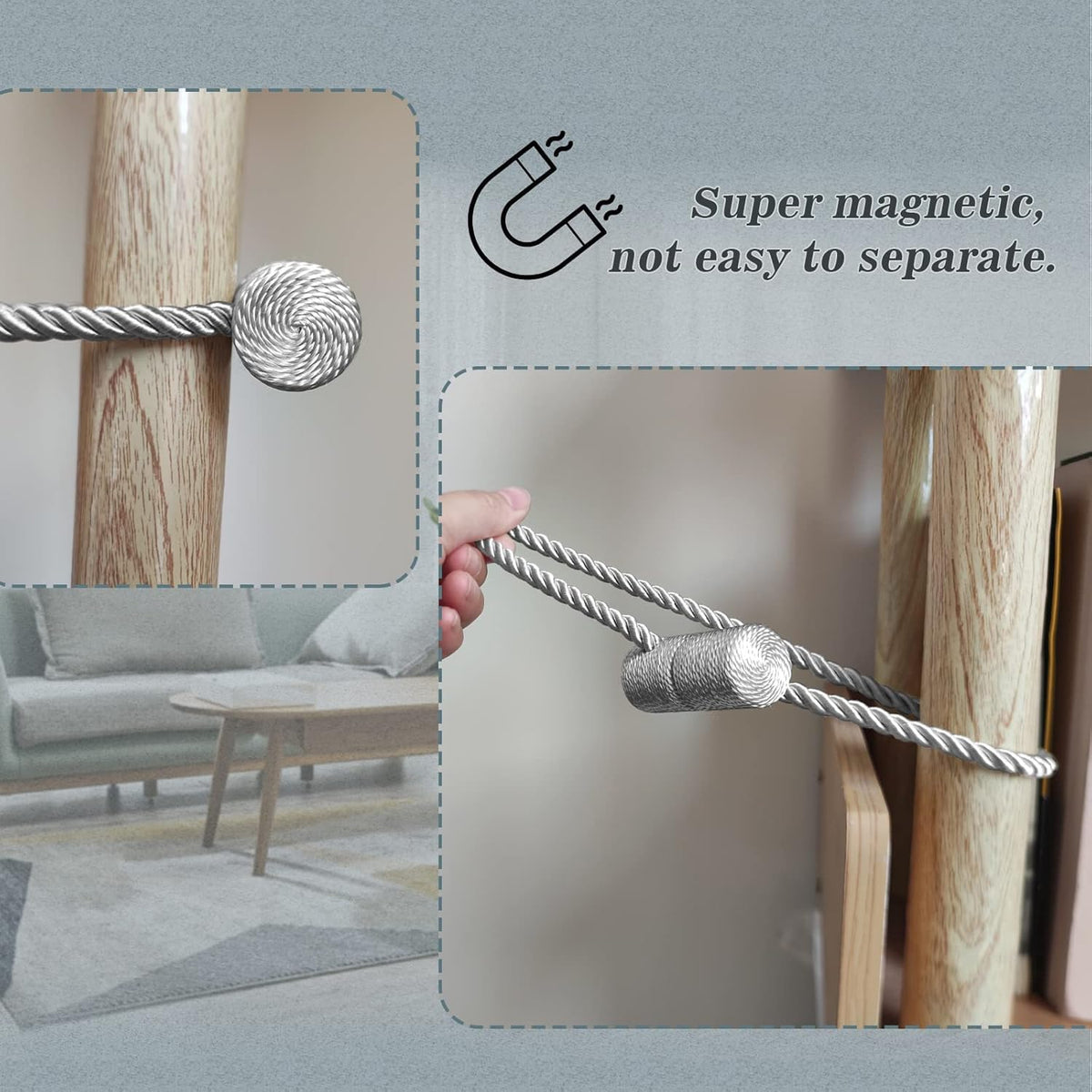 Hion Magnetic Curtain Tiebacks Grey 6 Pack, Curtain Tiebacks Buckles Holdbacks Holders Hooks Clip for Home Bedroom Office Decorative Thick or Thin Curtain