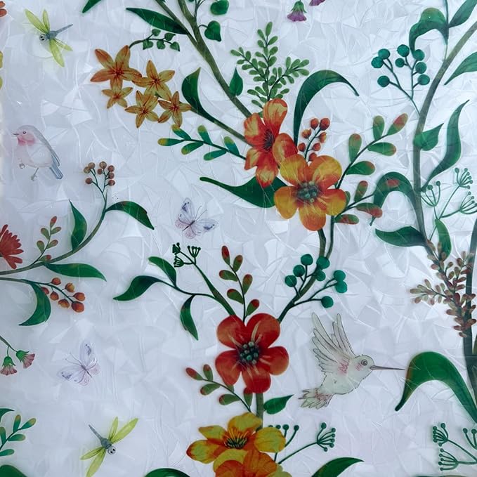 Stained Glass Window Film Static Cling Door Privacy Film Decorative Flowers Green Leaves Window Decals Stickers Heat Control Anti UV for Home and Office,23.6 inches by 78.7 inches