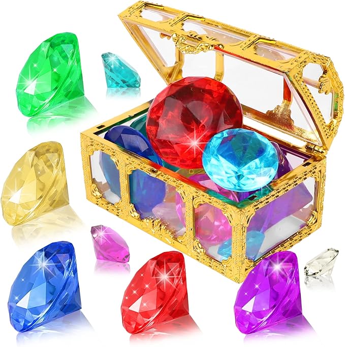 YUJUN Diving Gem Pool Toys 10 Colorful Big Diamond Gem with Treasure Pirate Chest Box Summer Underwater Acrylic Gemstones Set for Kids Swimming Pool Party Favors