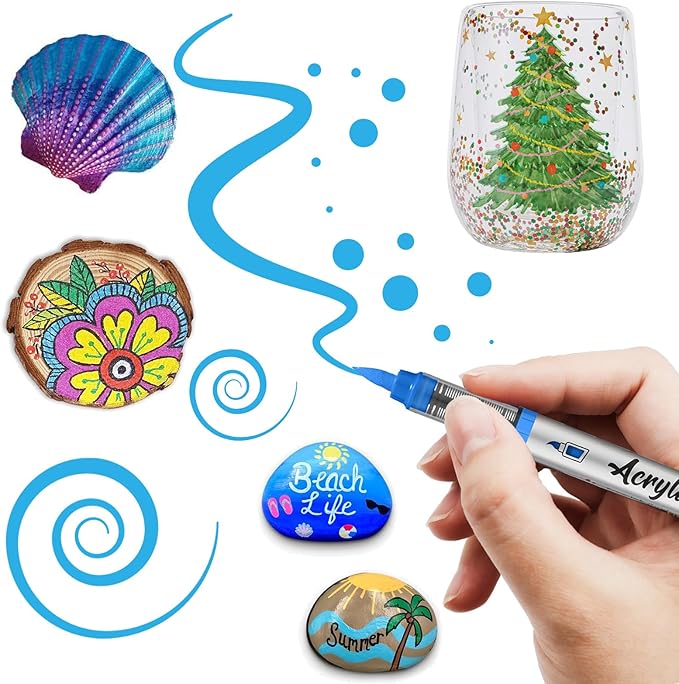 Blue Acrylic Paint Pens,12 Color Paint Pens Markers,Brush Tip Paint Pens for Rock Painting Wood Glass Ceramic Canvas Stone DIY Crafts Making Art Supplies