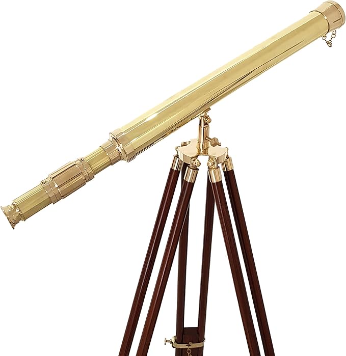 Shiny Brass Nautical Telescope with Wooden Tripod – Vintage Spyglass in Golden & Brown Finish for Home Office Decor, Collector Display & Maritime Gift