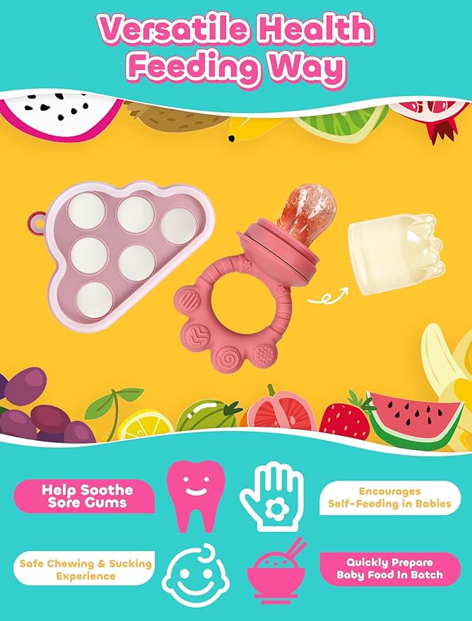 Breastmilk Popsicle Molds & Baby Fruit Food Feeder Pacifier, Silicone Baby Food Storage Containers, Baby Popsicle Molds Teething for Toddler Teething & Infant Self Feeding (Pink)