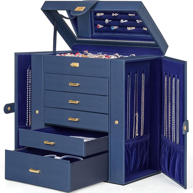 AKOZLIN Extra Large 6-Tier Jewelry Box Organizer Functional Huge, 5 Drawers Leather Jewelry Storage Case for Women Girls Ring Necklace Earring Bracelet Holder Organizer with Mirror Blue
