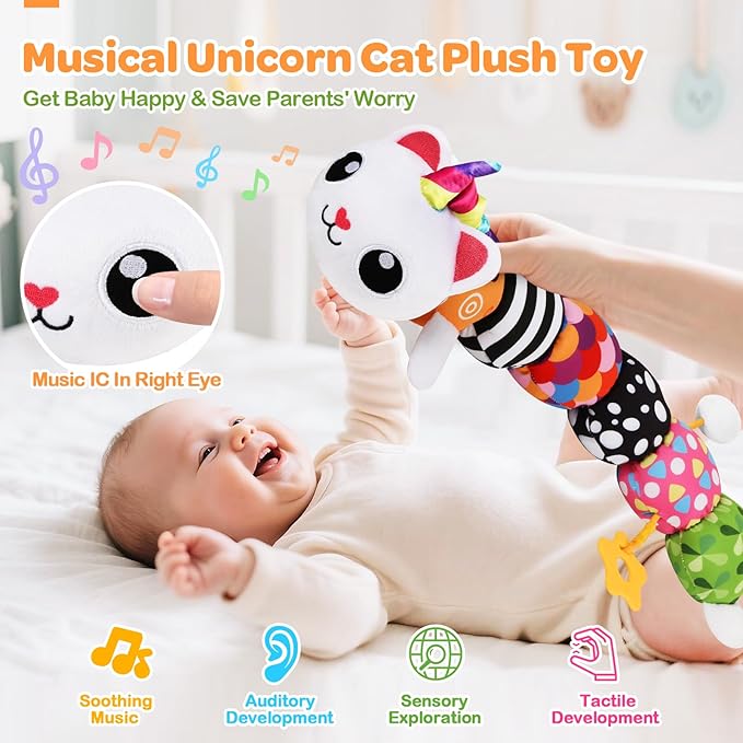 Baby Toys 0-6 6-12 Months, Sensory Musical Animal Stuffed Toy for Infant 0-3 3-6 Months, Tummy Time Toys with Mirror Crinkle Rattle, Plush Unicorn Cat Toy Gifts for 0 1 2 3 4 5 6+ Months Boys Girls