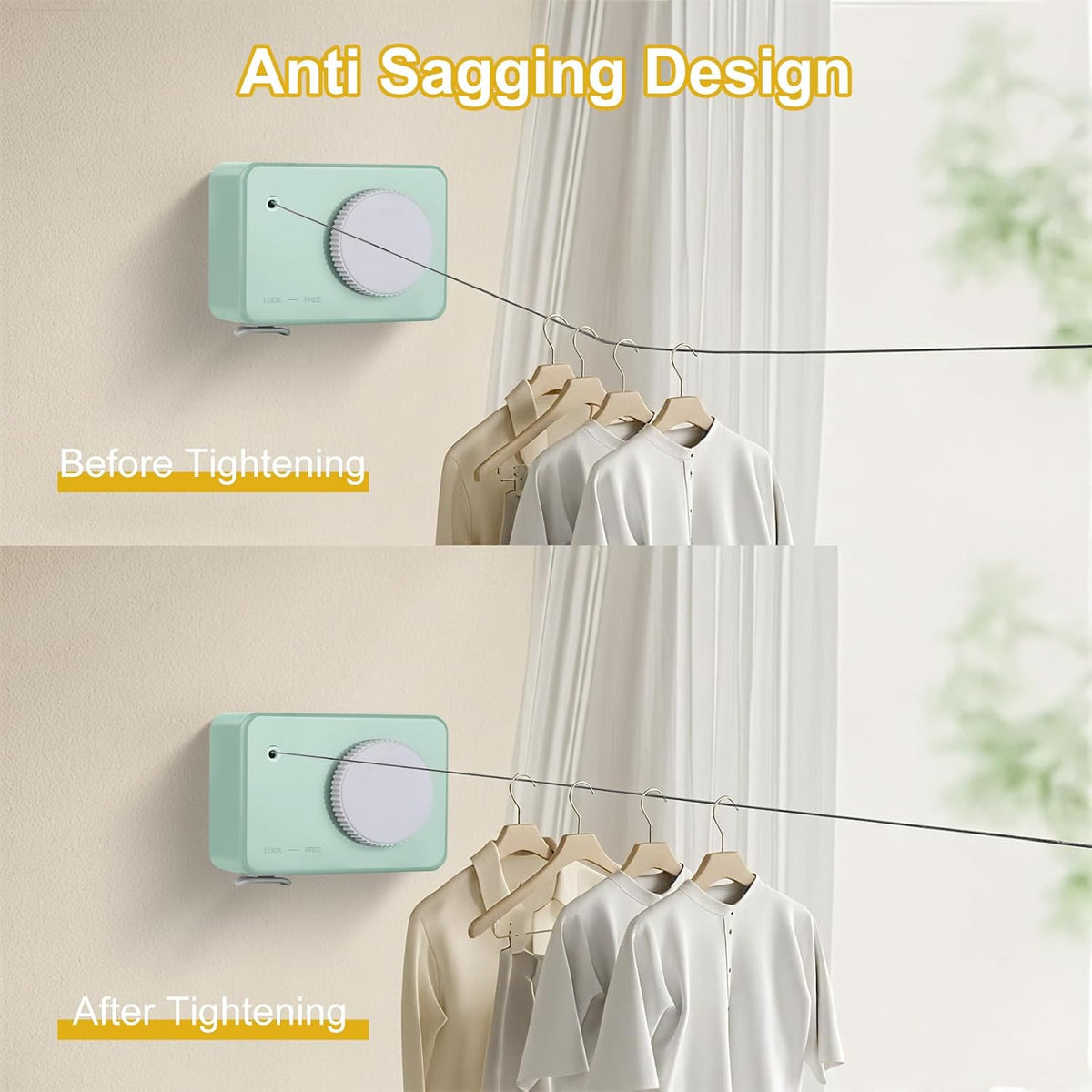 Retractable Clothesline Indoor/Outdoor, Anti-Sag for Drying Clothes Line Retracting Indoor/Outdoor, We Equipped This 13.8 Fts Laundry line Retractable with 4 Large Clips
