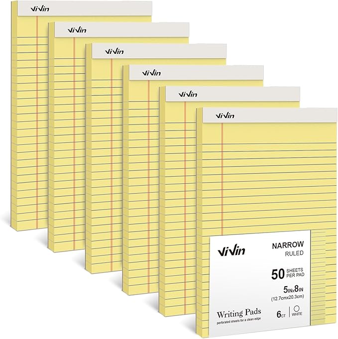 ViVin 5 x 8 Inch Legal Pads, 6 Pack, Narrow Ruled, 50 Sheets Per Writing Pad, Perforated Note Pads Ideal for Home, Office, Business, 300 Sheets, Canary Yellow Paper