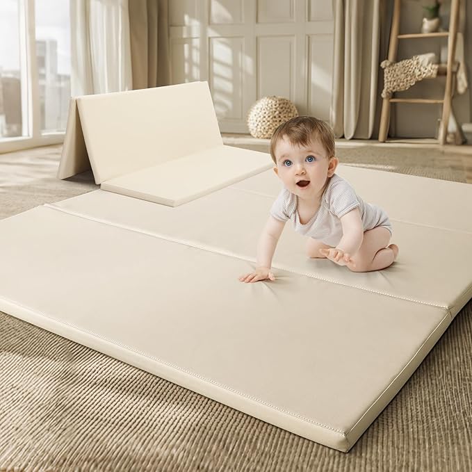 Foam Baby Play Mat: PU Leather Waterproof Kids Playmat - Trifold Floor Mat - Large Play Mat for Playpen Thick Pad Fodable Mattress Soft Toddler Mattress Infant Cushion for Preschool (Beige)