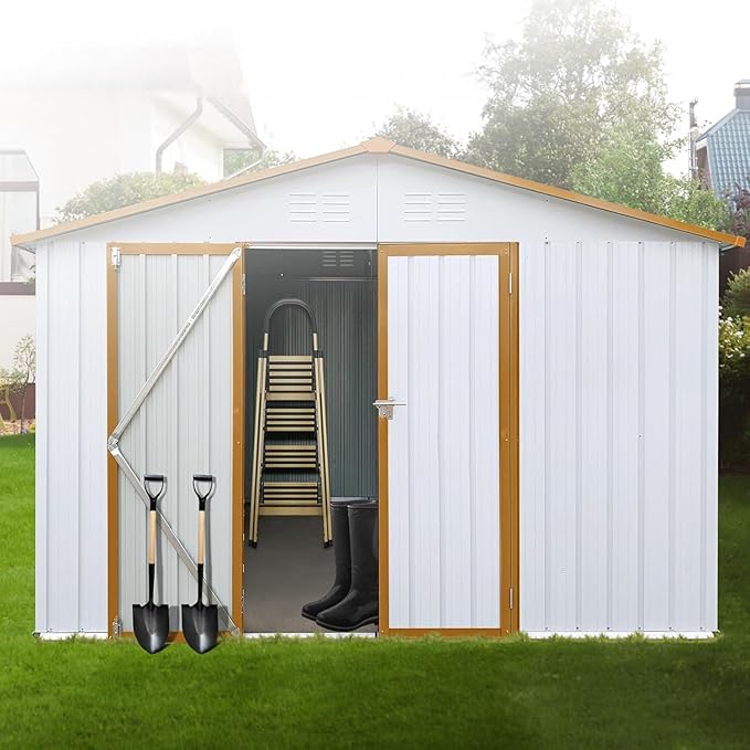 12x10FT Heavy-Duty Metal Storage Shed Heavy-Duty Steel Garden Shed, Secure Hinged Door, Weatherproof for Tools, Bikes & Lawn Equipment