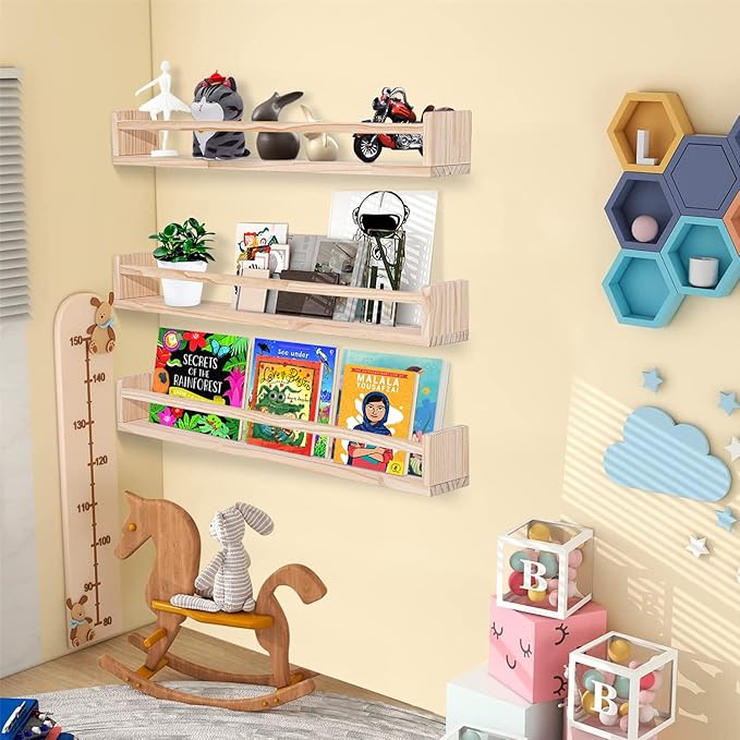 AZSKY Natural Wood Nursery Shelves Floating Wall Book Shelves Nursery Kids Baby Toddler Room Décor 36 in Bookshelf for Toy Picture Display a Set of 3 Same Sizes