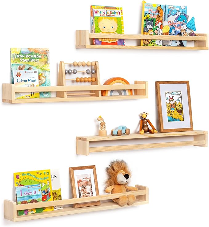 Fun Memories Nursery Book Shelves - Rustic Natural Solid Wood Floating Bookshelf for Kids - Wall Book Shelves for Kids Room (Natural, 32inch - 4P)