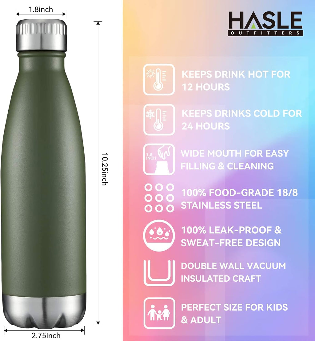 HASLE OUTFITTERS 17oz Stainless Steel Water Bottles Bulk, Vacuum Insulated Double Walled Powder Coated Reusable Metal Sports Water Bottles Keep Drinks Hot and Cold, ArmyGreen, 8Packs